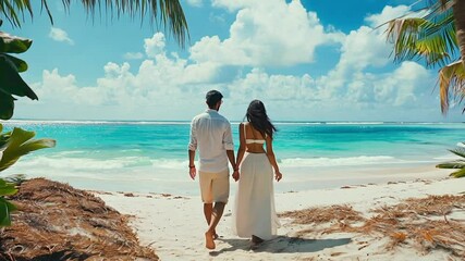 Couple lovers walking on a beach