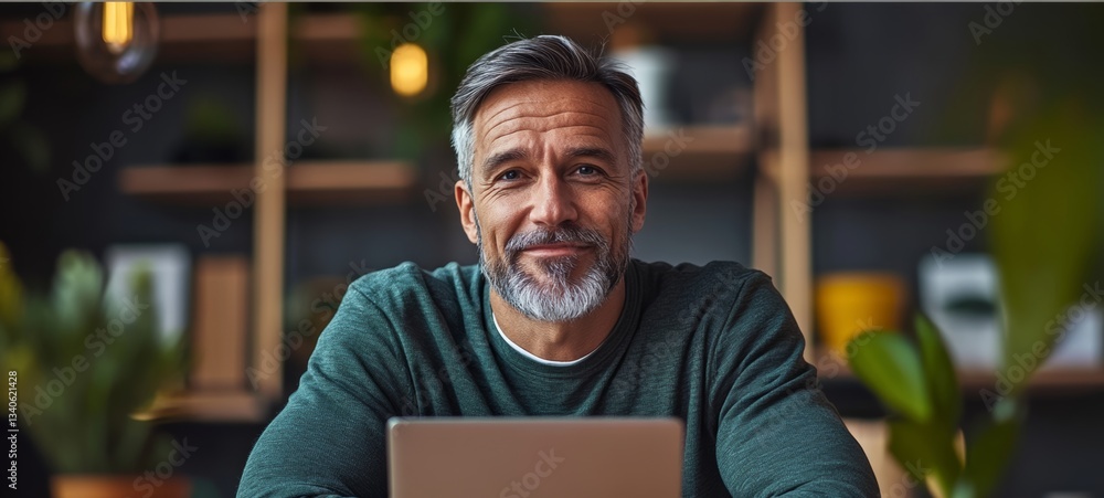 Poster man is sitting at a table with a laptop in front of him. he is smiling and he is enjoying himself
