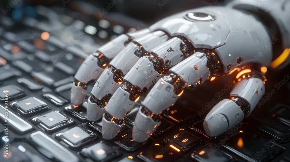 Poster robotic hand typing on keyboard illustrating the intersection of ai and process improvement in moder