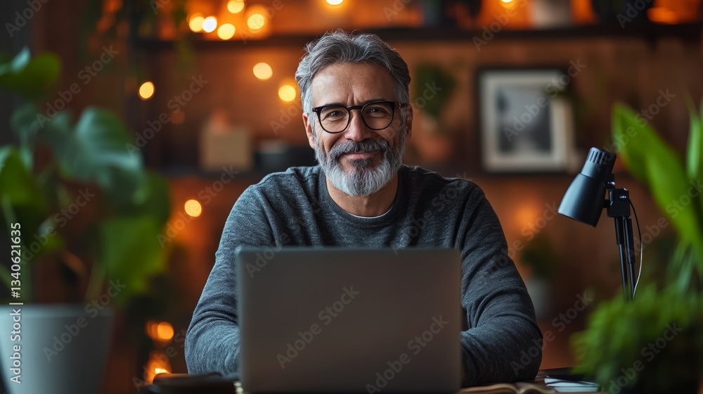 Poster man is sitting at a desk with a laptop in front of him. he is smiling and he is enjoying himself