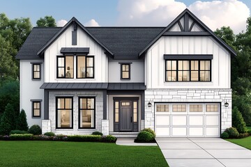 Modern Farmhouse Style Home Exterior Design with White Siding and Dark Roof Aesthetic Elegance