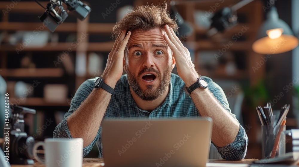 Poster man with a shocked expression is sitting at a desk with a laptop in front of him. he is wearing a wa