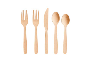 Biodegradable cutlery set on transparent background. Eco friendly disposable tableware. Forks, spoons and knife made from bamboo or wood.