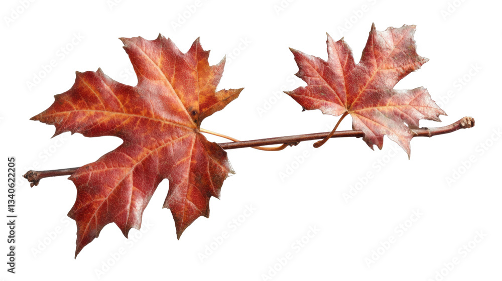 Poster two red maple leaves hanging on a branch with transparent background