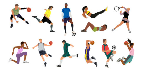 Collection of different men and women performing various sports activities, playing basketball, volleyball, tennis, soccer, football. Vector realistic illustrations isolated on transparent background.