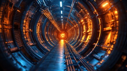 Fototapeta premium Train speeding through a tunnel with bright lights creating a sense of motion and journey in transportation networks