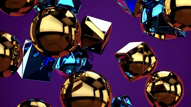 Dynamic cascade of gold and blue geometric objects on vivid purple backdrop. 4k stock footage