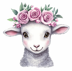 Naklejka premium Cute lamb wearing a floral crown with pink roses and green leaves Generative AI