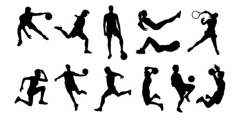 Silhouettes of different people in various sports. Black vector illustrations isolated on transparent background