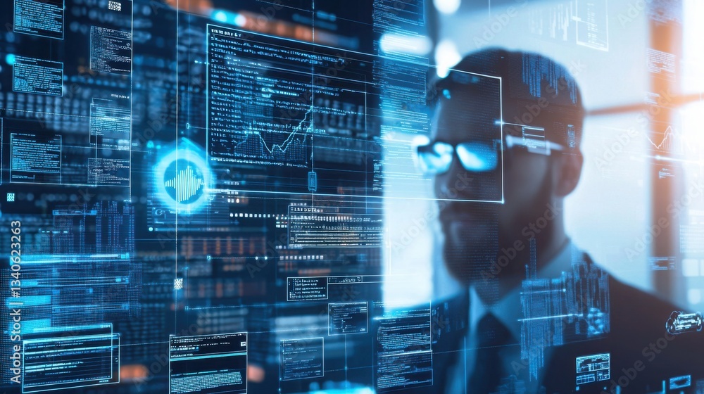 Poster businessman in suit and glasses analyzing computer screen to enhance ai-driven identity fraud preven