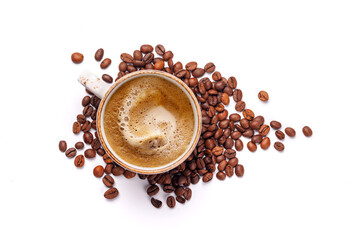 A steaming cup of freshly brewed coffee surrounded by rich, aromatic roasted coffee beans