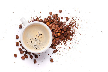A steaming cup of freshly brewed coffee surrounded by rich, aromatic roasted coffee beans