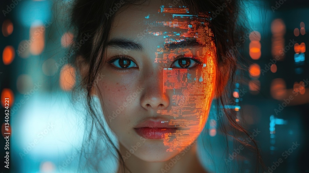 Aufkleber futuristic woman with a digital face displaying advanced technology in cybersecurity and artificial 