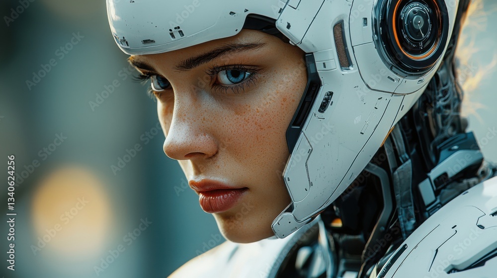 Poster woman dressed in a robot suit symbolizing the future of cybersecurity and the integration of technol