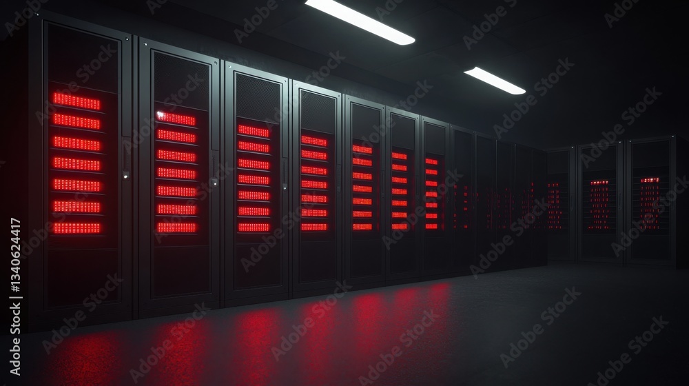Poster server room bathed in red lights highlighting advanced ai-enhanced firewall technology and network s