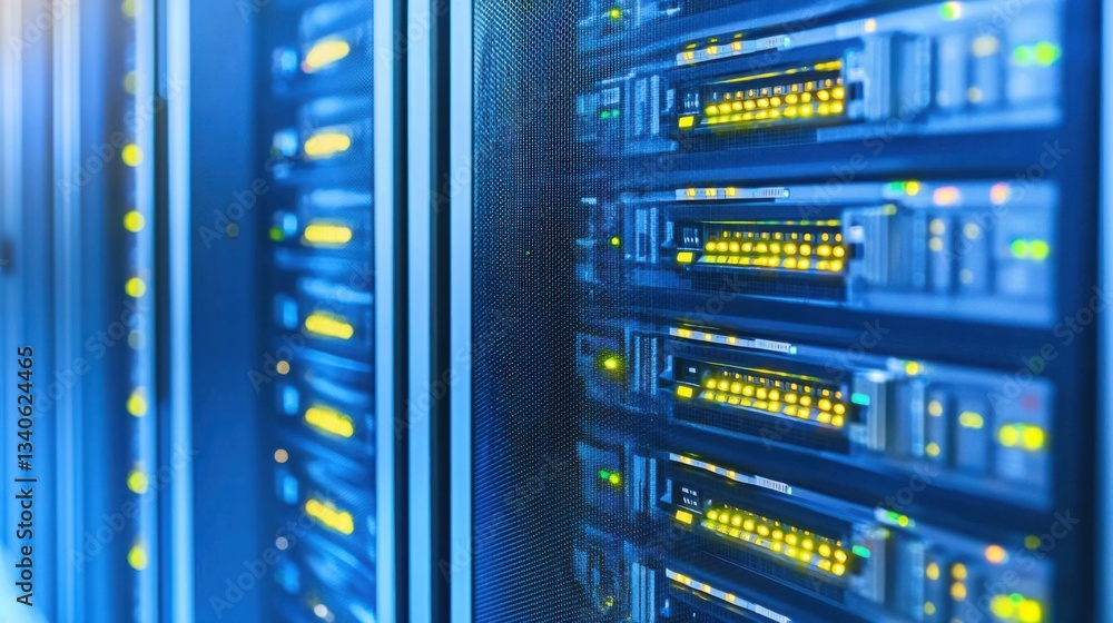Poster server in a high-tech server room showcasing advanced ai-enhanced firewall technology for optimal ne