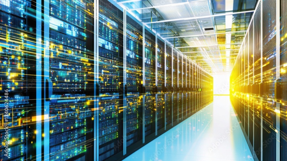 Poster large server room filled with multiple servers and advanced ai-enhanced firewall technology for data