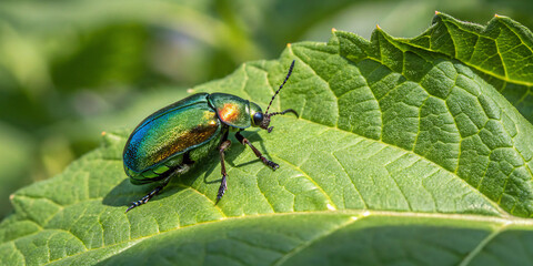 Jewel Beetle with Iridescent Shell on a Leaf