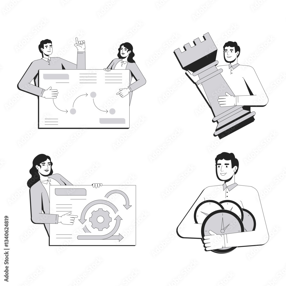 Poster business planning line conceptual illustration set. marketing strategy, workflow organization. proce