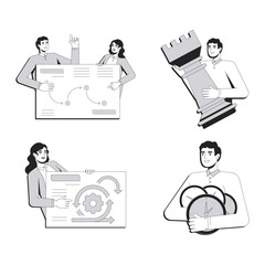 Business planning line conceptual illustration set. Marketing strategy, workflow organization. Process management, control. 2D outline characters isolated. Linear drawings grayscale vector collection