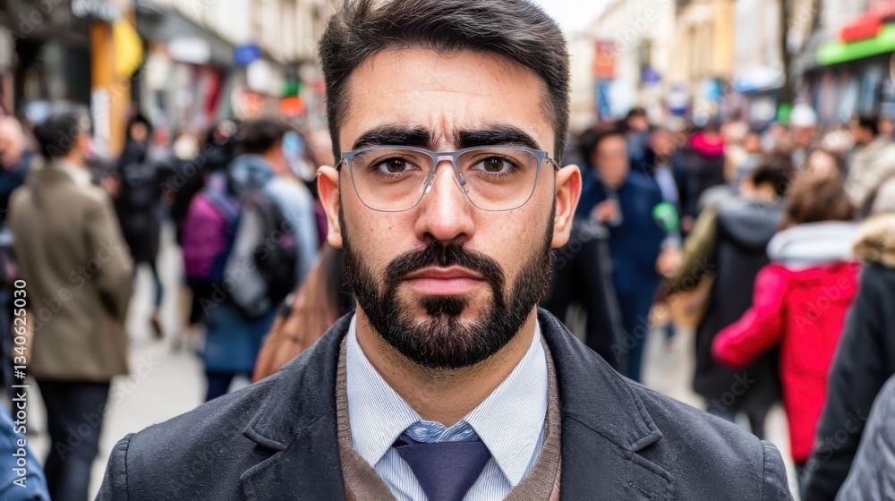 Poster a thoughtful man with a beard and glasses engaging in deep reflection while surrounded by a modern t