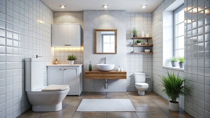 Fototapeta premium Tilt-Shift White Bathroom - Grey Floor Tiles, Modern Minimalist Toilet & Sink Design