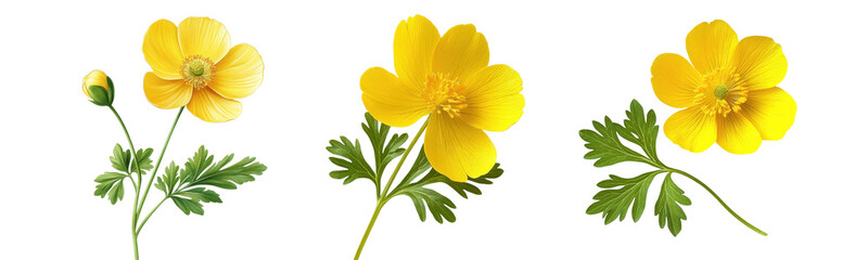 buttercup flowers, isolated on white background.