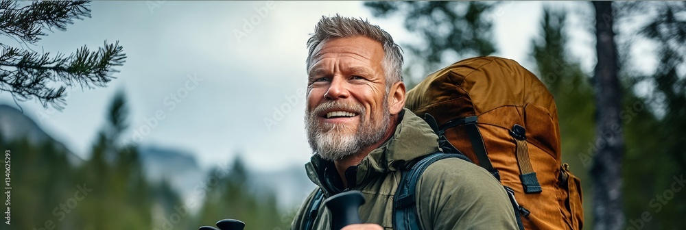 Poster man with a backpack is smiling and looking at the camera. he is wearing a green jacket and he is enj