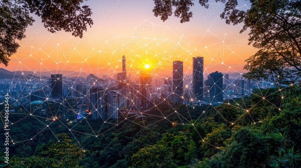Poster dynamic overview of a city with advanced network visualization representing ai-optimized wifi securi