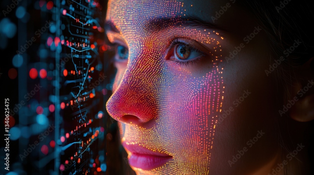 Poster close-up of a woman's face adorned with intricate digital patterns symbolizing ai-powered access mon