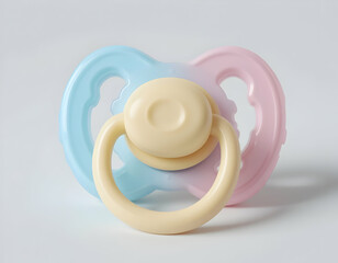 Two Baby Pacifiers in Pink and Blue on a White Background