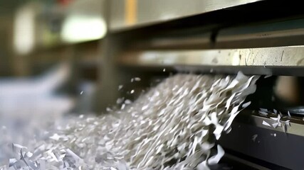The close -up of the industrial shredder of paper with flowing white paper, illustrating the destruction and disposal of secret documents. - Powered by Adobe