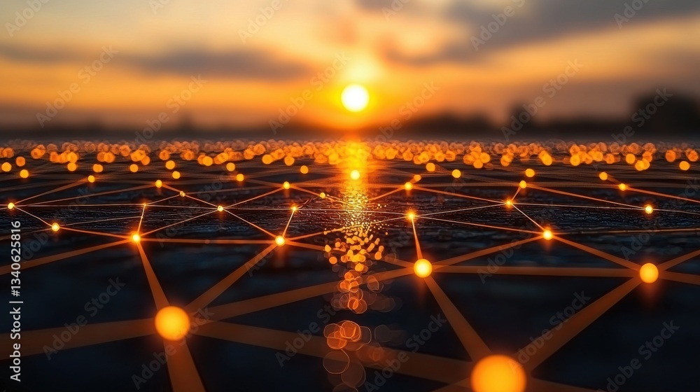 Poster stunning sunset with a grid of lights illuminating the landscape as a representation of ai-powered c