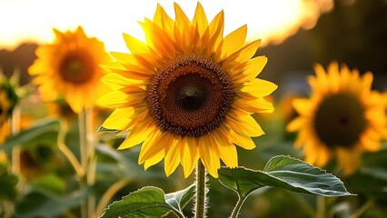 Obraz premium A vibrant sunflower in the foreground with more sunflowers and a sunset in the background, showcasing nature's beauty. Concept Sunflower Field, Vibrant Colors, Sunset Glow, Nature's Beauty