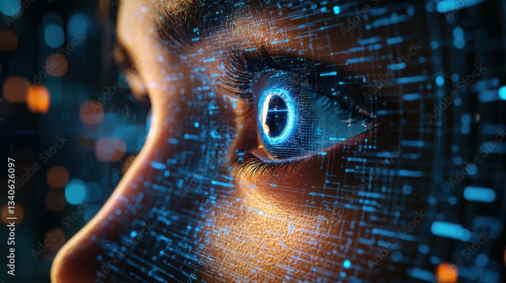 Poster a close-up of a woman's eye with a digital interface in the background signifying ai-powered cyber f