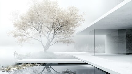 Obraz premium Modern minimalist house blends seamlessly with misty nature landscape