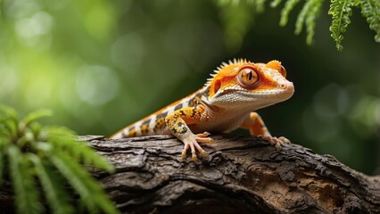 Fototapeta premium A vibrant gecko perched on a textured tree trunk, surrounded by lush green foliage.