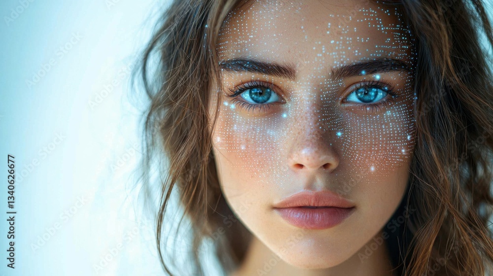 Poster woman's face covered in dots symbolizing the advanced techniques of ai-powered identity verification