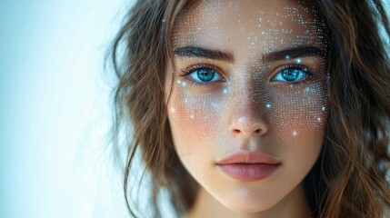 Woman's face covered in dots symbolizing the advanced techniques of ai-powered identity verification