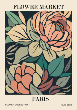Abstract Flower Market Paris poster. Trendy botanical wall art with peony floral design in earth tone colors. Modern naive groovy funky interior decoration, painting. Vector art illustration.