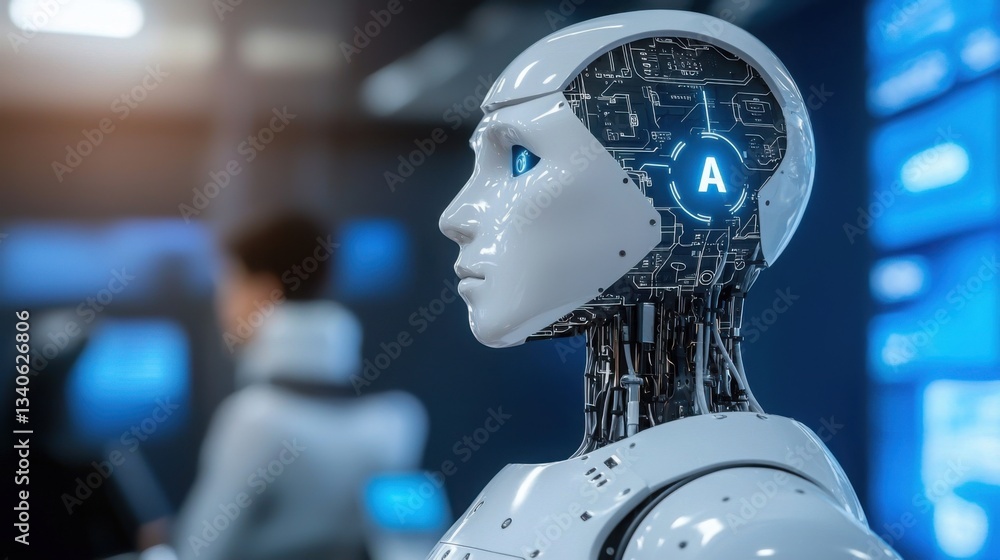 Poster robot in the foreground with a man in the background representing the future of ai-powered iot solut