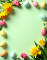 Fototapeta premium AI generation of decorated Easter eggs and flowers on green background. Colorful spring frame for your text
