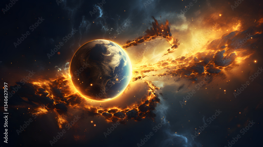 Poster stunning planet hovering in the sky signifying hydrostatic equilibrium and the balance of celestial 