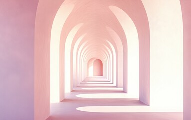 Fototapeta premium Surreal modern corridor with repetitive archways, dreamlike pastel atmosphere, smooth shadows and lighting, perfect geometric symmetry, ultra-HD CGI