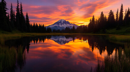 A stunning sunset over the mountains, with the silhouette of the mountains reflected in the mountain lake surrounded by pine trees and meadows.