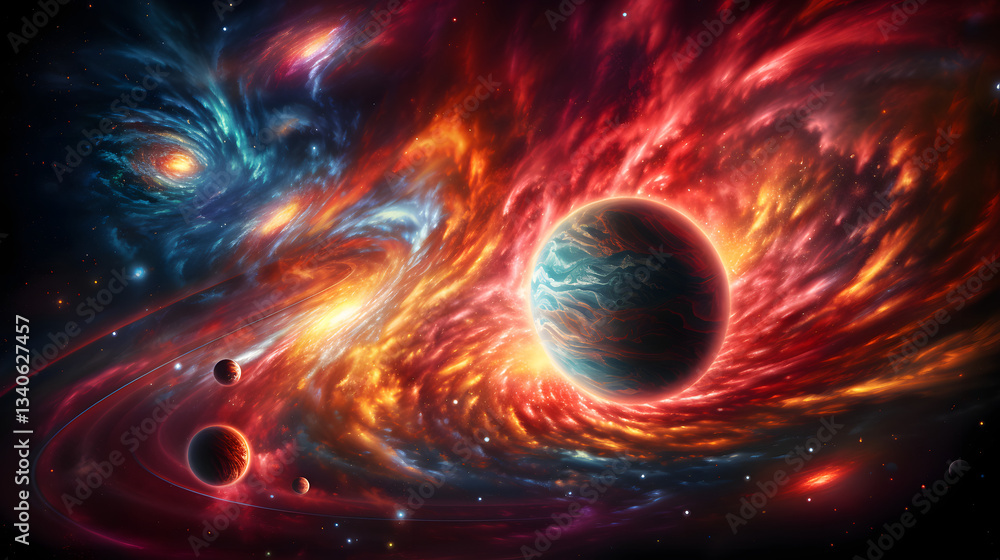 Poster mysterious black hole at the center of a colorful nebula illustrating hydrostatic equilibrium and de