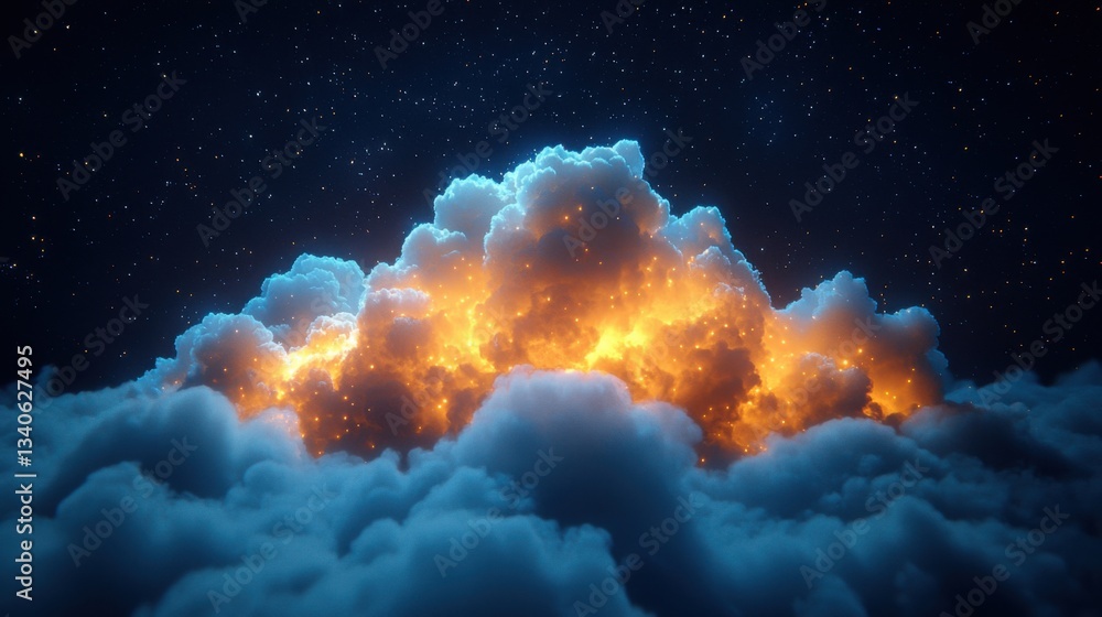 Poster explosive orange burst emanating from a cloud depicting the power of ai in telecommunications and ne