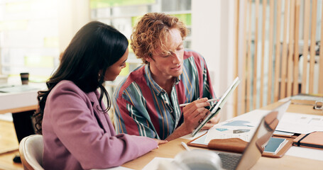 Research, students or people on tablet for university exam in class with price theory, finance info...