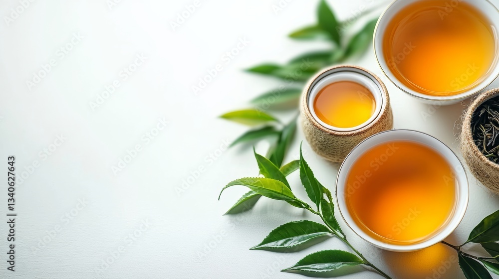 Poster three cups of tea are arranged on a table with leaves in the background. the cups are filled with a 
