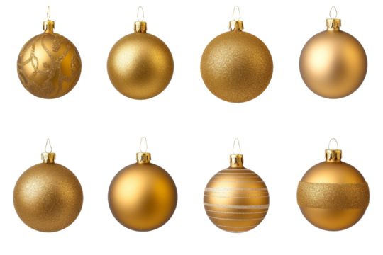 Set of gold colored Christmas ornaments, isolated